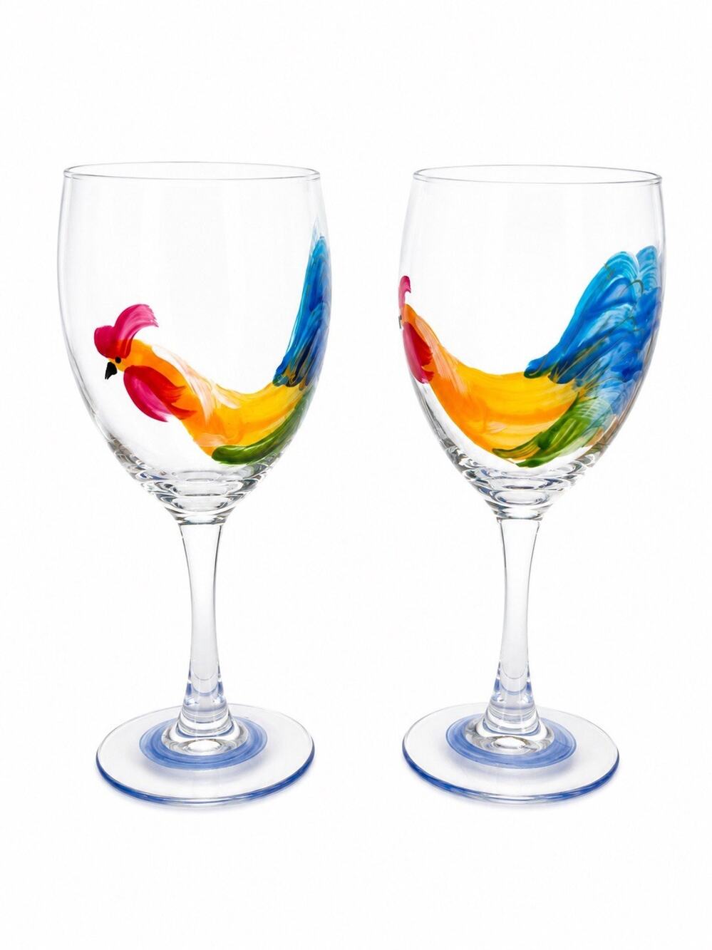 Set Of 2 Reverse Hand Painted ROOSTER / CHICKEN Wine Glass 7.3" Tall NEW